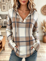 Women's Plaid Print Hooded V Neck Top