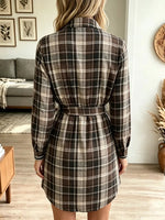 Retro Lapel Plaid Pattern Art Casual Stylish Long Sleeve Mini Dress