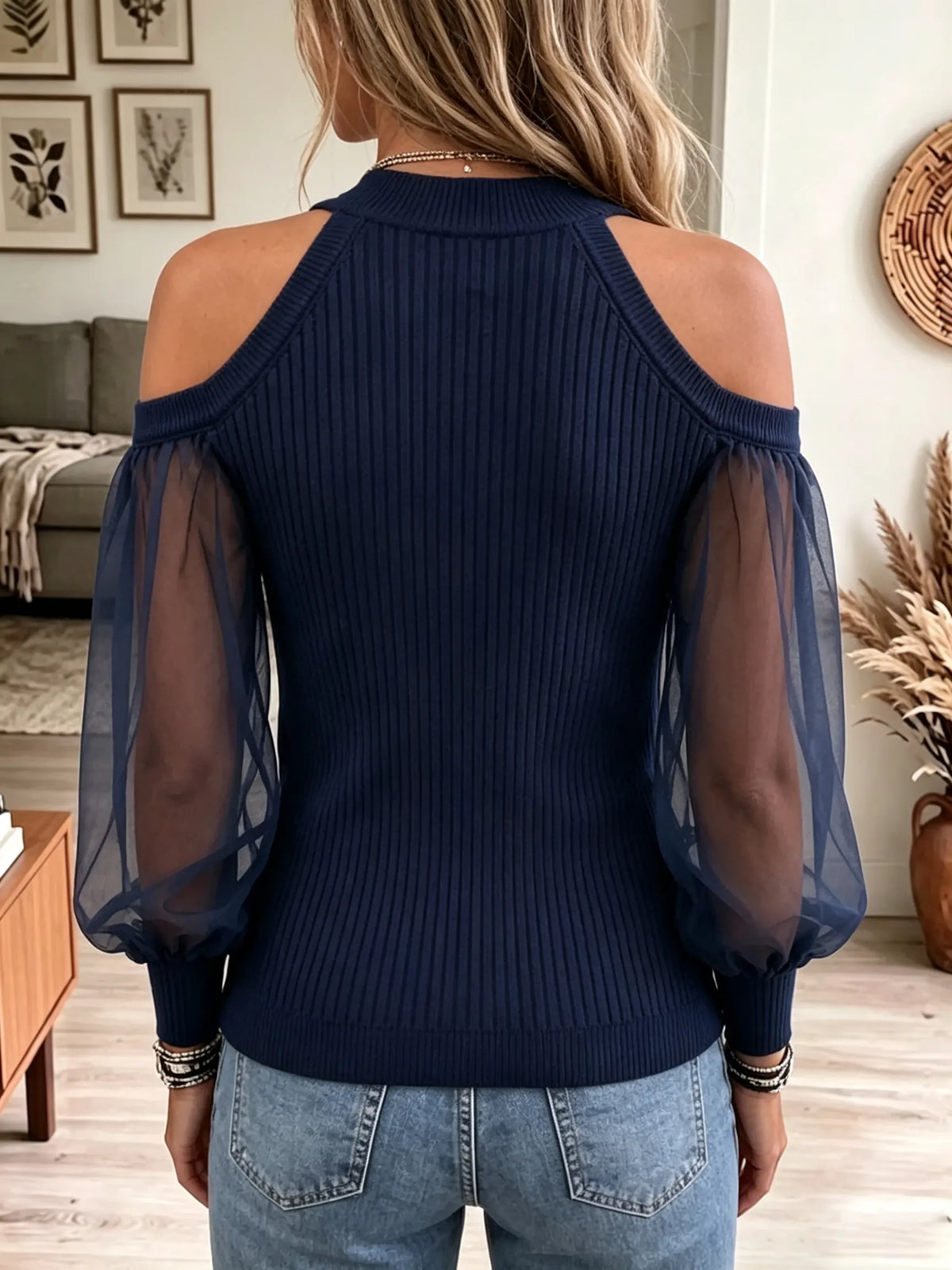 Women's Cold-Shoulder Sheer Sleeve Knit Top