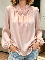 3D Floral Pearl Decor Satin Lantern Sleeve Blouse, Women Ruffled Neck Elegant Top