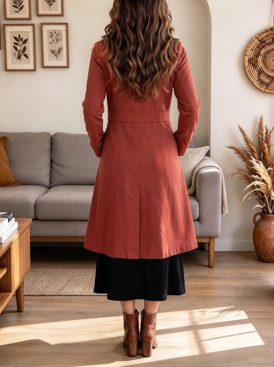 Women's Rust Red Double-Breasted Trench Coat with Lapel Collar