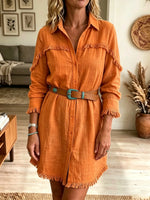 Women's Fringe Trim Linen-Blend Shirt Dress