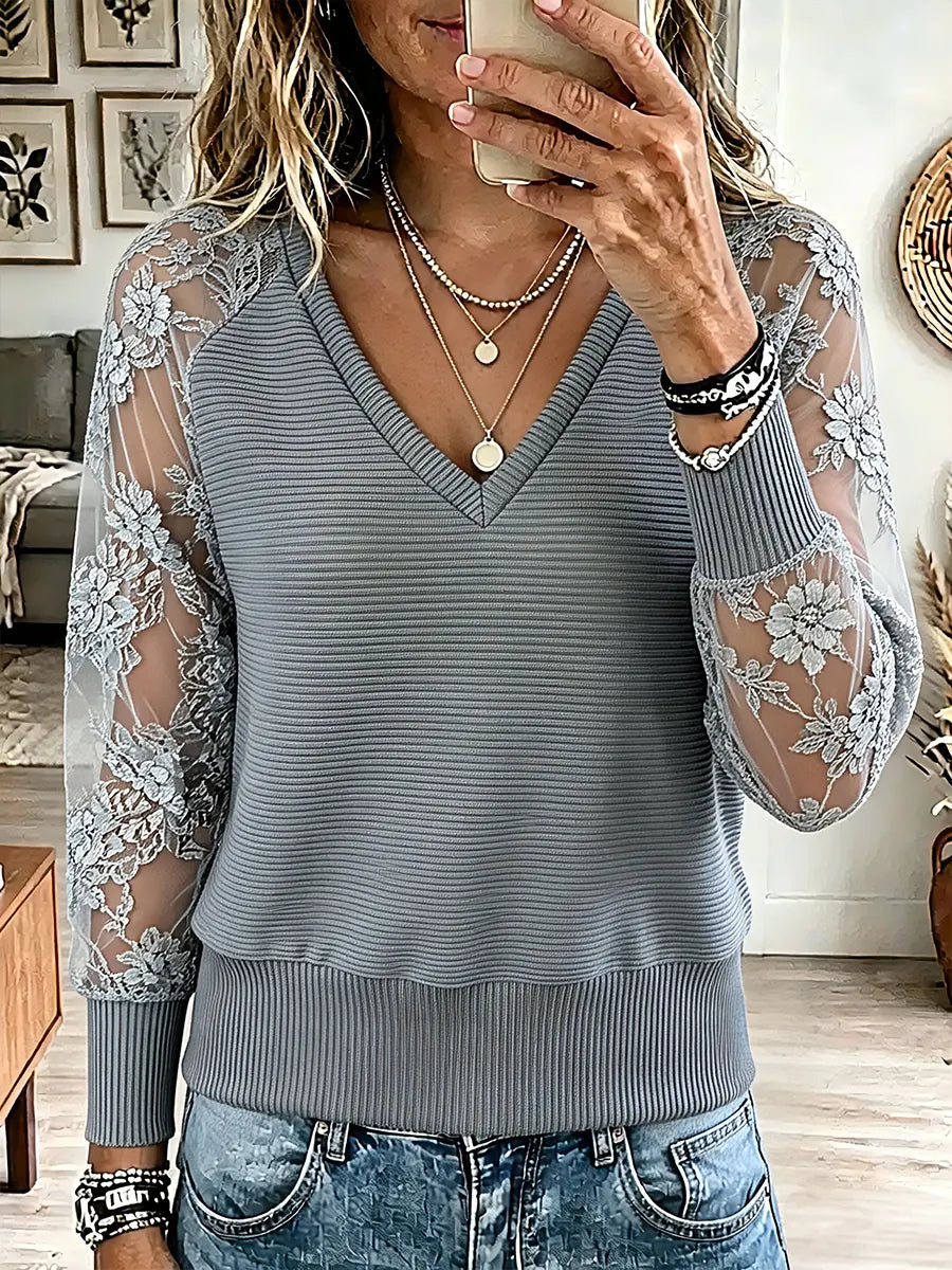 Vintage Elegant Knitting Patchwork Cut-out Lace Sheer Shirt