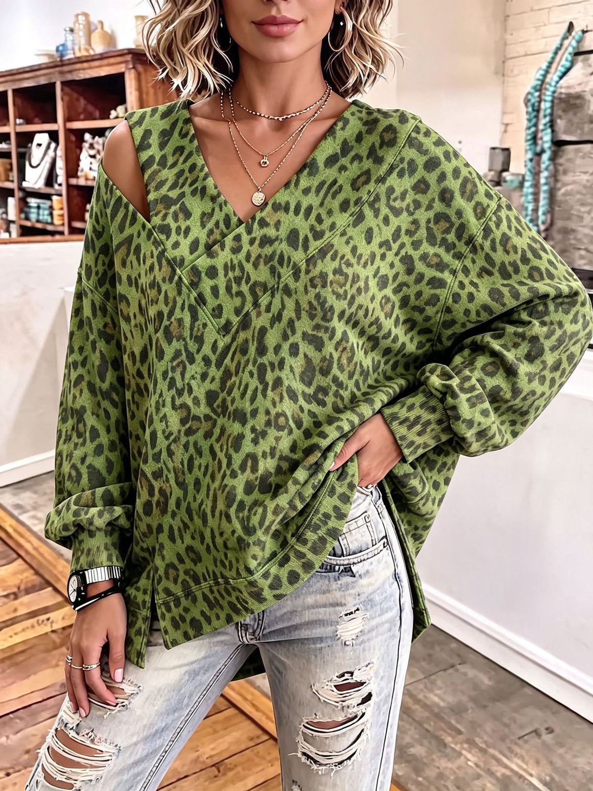 Women Green Leopard Print Cold‑Shoulder V‑Neck Long Sleeve Sweatshirt