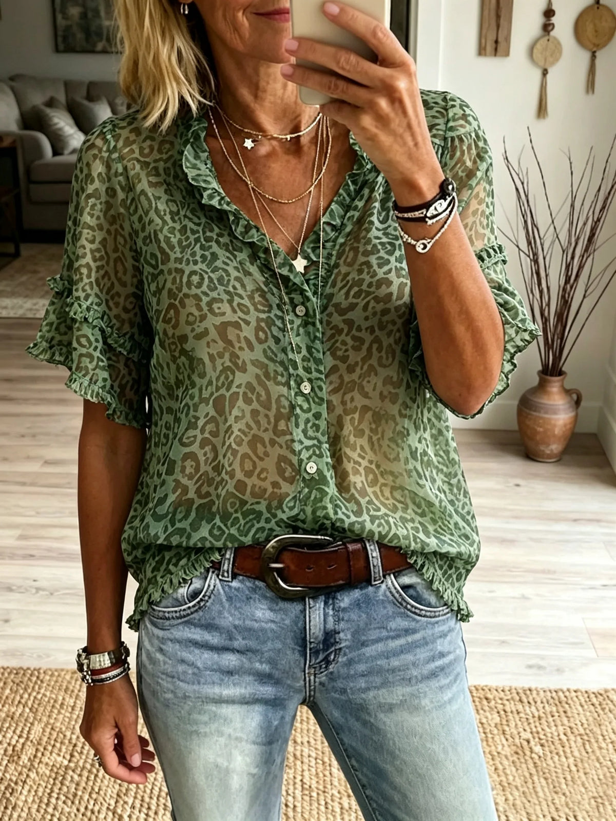 Women's Green Leopard Print Short-sleeved Shirt With Ruffled Trim