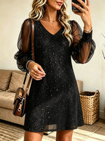 Women's Glitter Shimmer Sheer Sleeve A-Line Dress