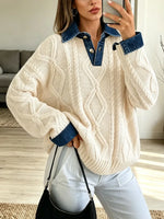 Retro Denim Patchwork Art Casual Stylish Long Sleeve Knit Sweater