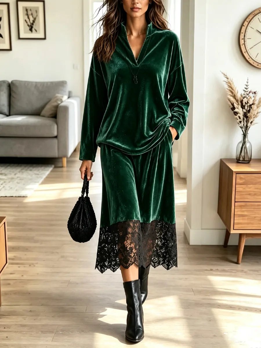 Retro Elegant Velvet Lace Art Casual Stylish Long Sleeve Shirt And Skirt Two-piece Set