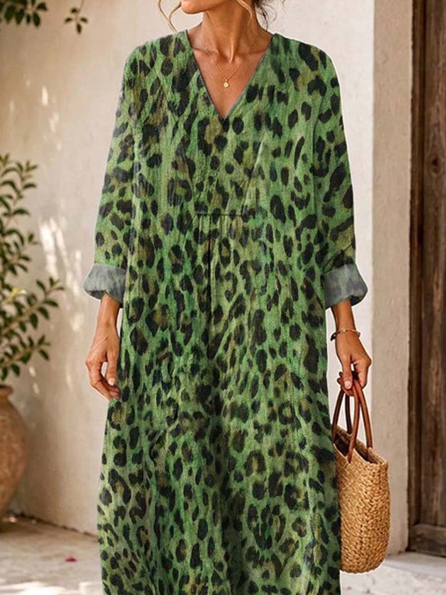 Retro Leopard Pattern Art Print Casual V-neck Long Sleeve Cotton Linen Maxi Dress