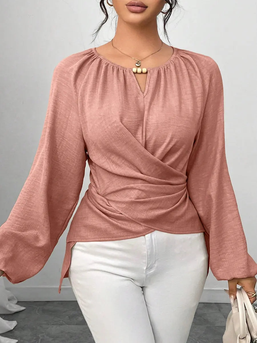Retro Elegant Solid Color Round Collar Casual Long Sleeve Wrap Stylish Shirt
