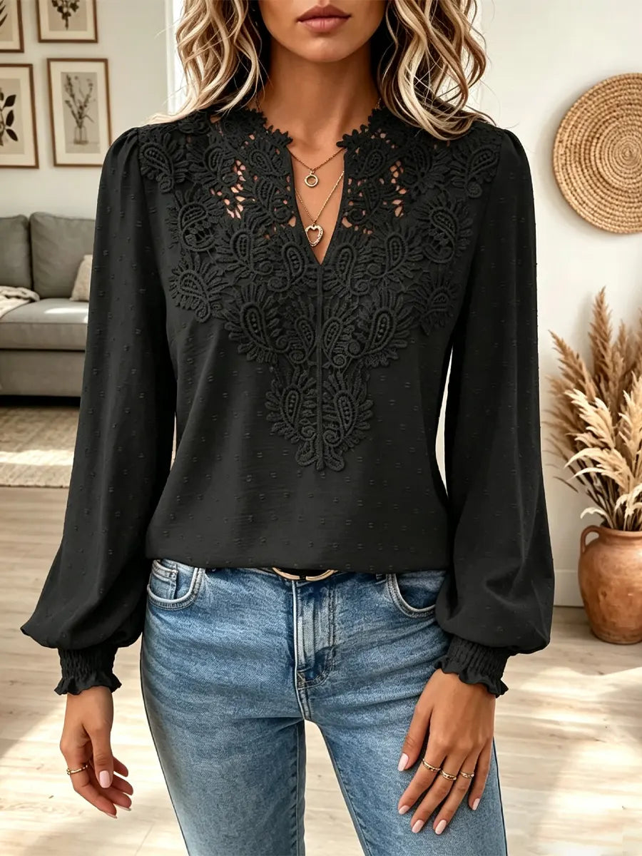 Retro Floral Lace Art Casual Stylish V Collar Long Sleeve Shirt