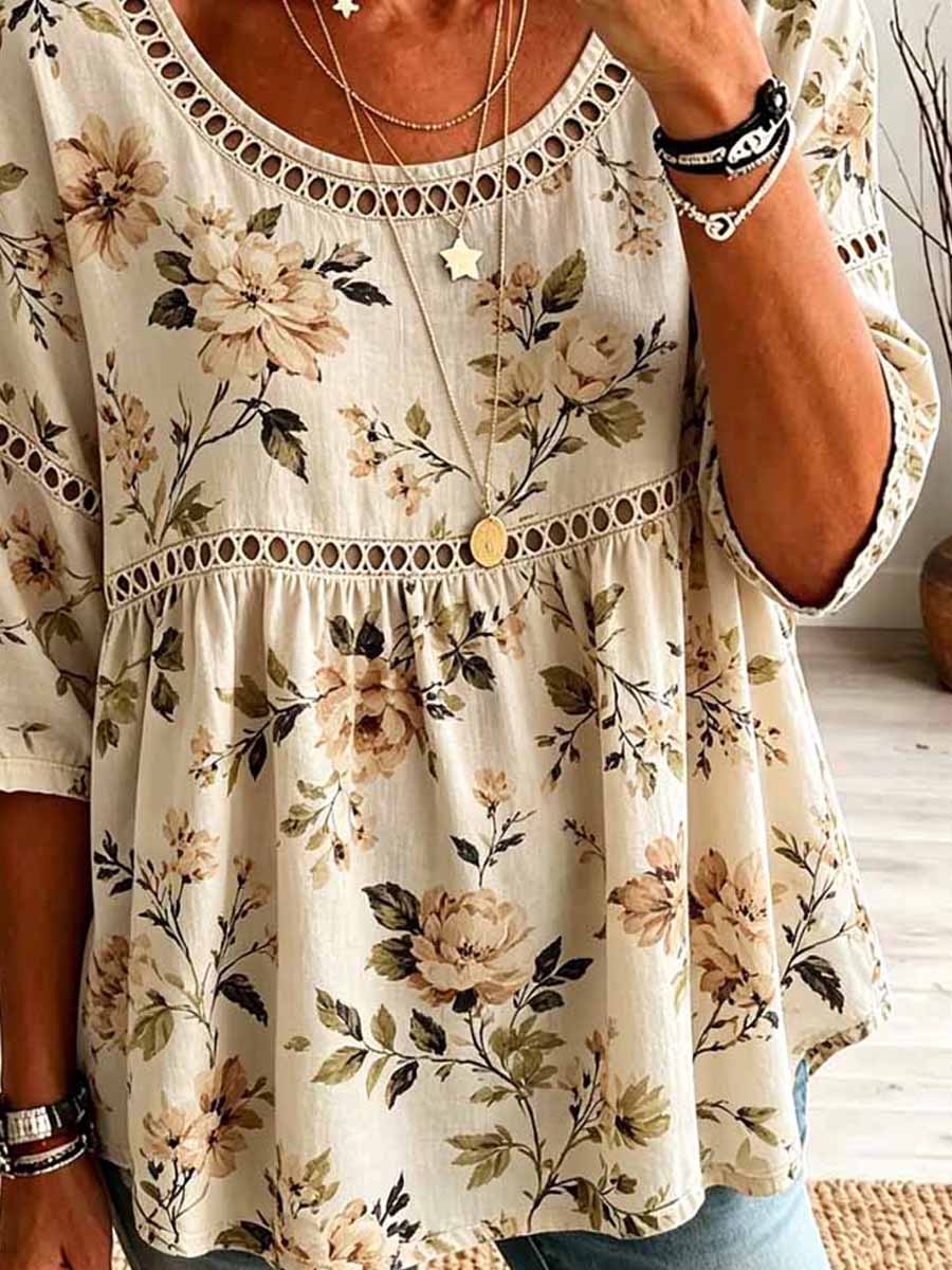 Retro Floral Pattern Art Print Casual Hollow Short Sleeve Cotton Linen Shirt