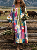 Women‘s Colorful Patchwork Daisy Heart Print Square Neck Balloon Sleeve Boho Midi Dress
