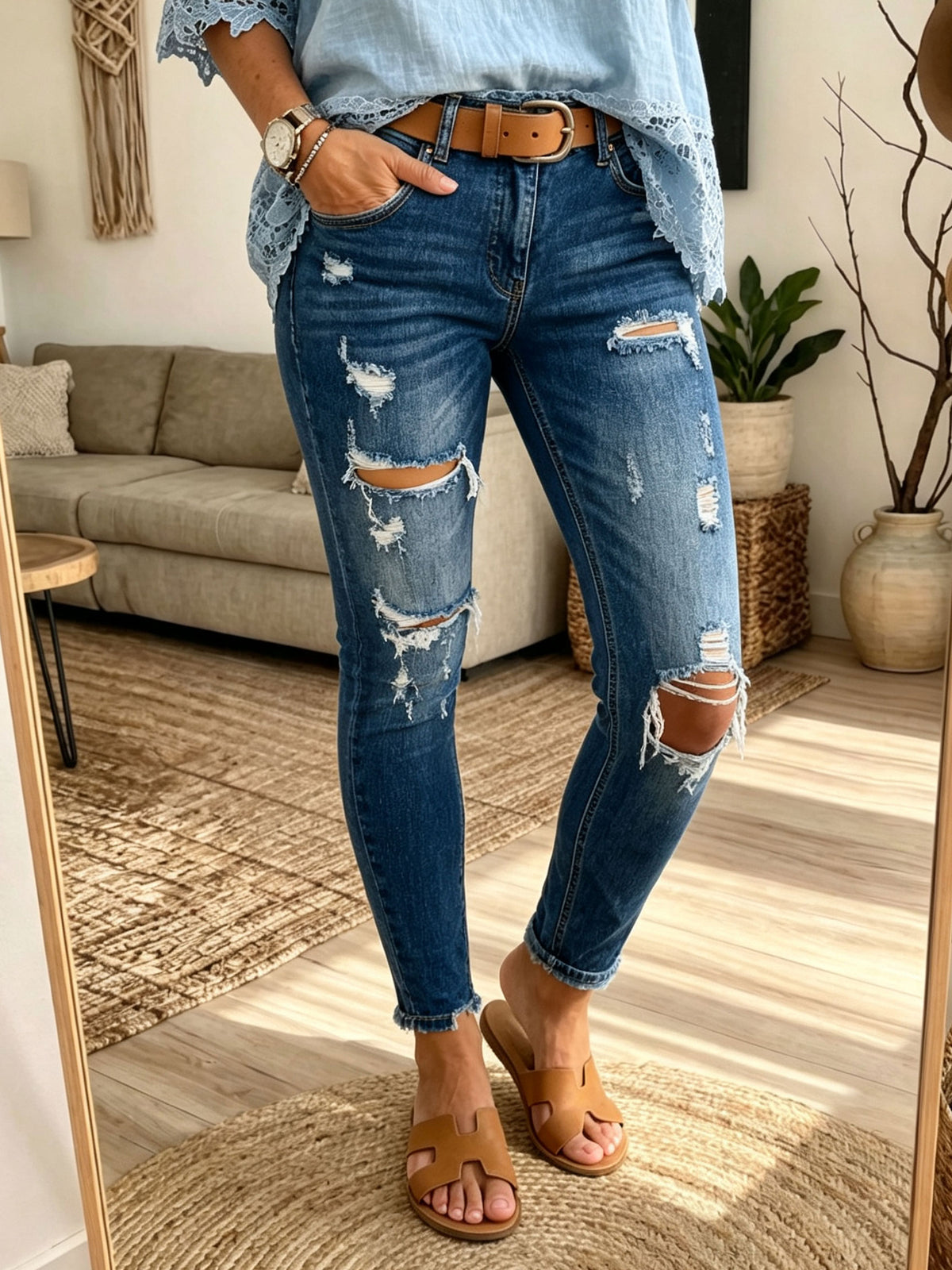 Women Distressed Ripped Raw Hem Ankle Skinny Stretch Denim Jeans