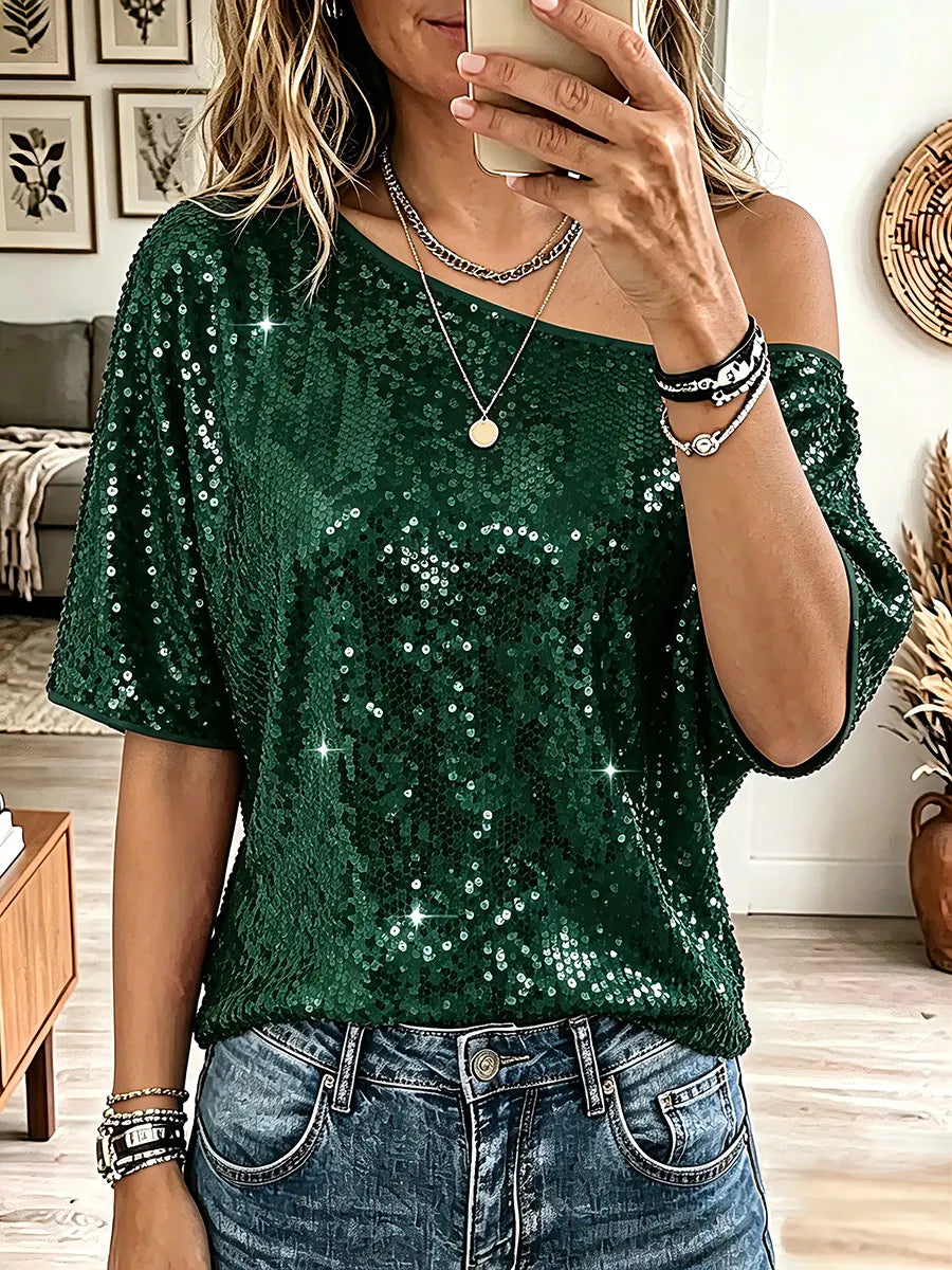 Vintage Elegant Off-shoulder Sequins Shirt