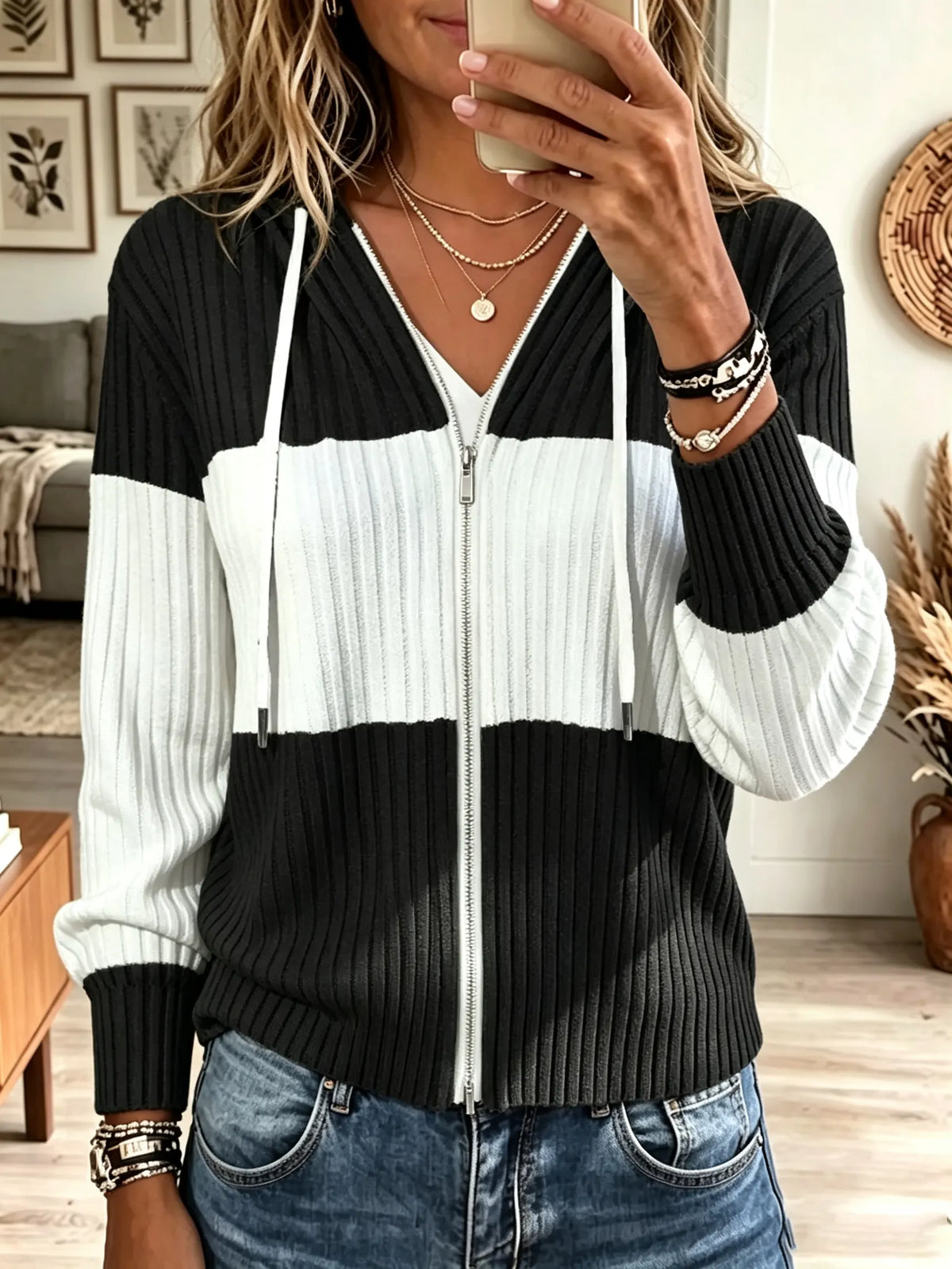 Women's Striped Ribbed Knit Zip-Up Cardigan