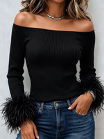 Women's Off Shoulder Ribbed Knit Top, Feather Cuff Long Sleeve Slim Fit Blouse
