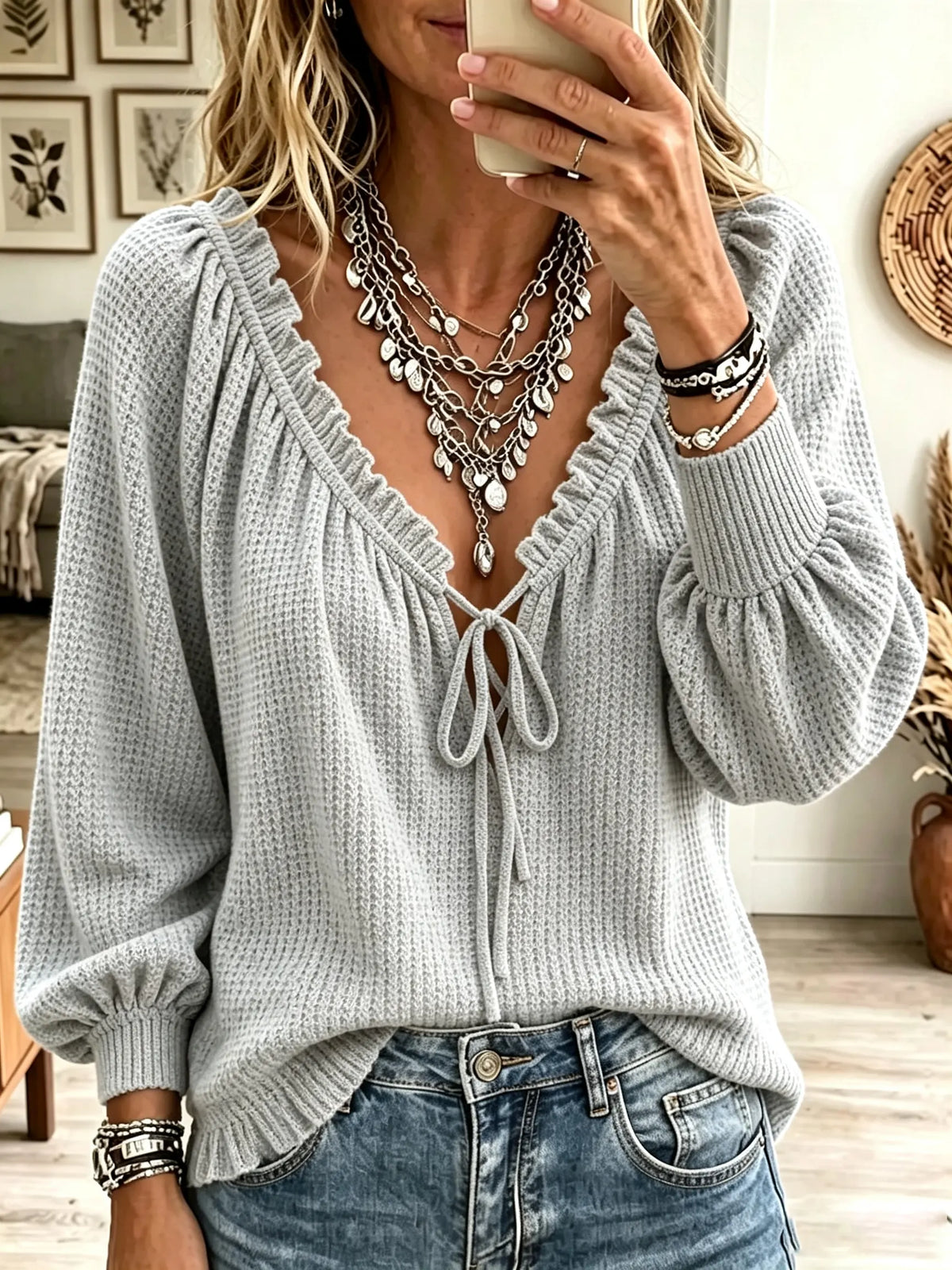 Women's Ruffled Tie-Front Waffle Knit Sweater
