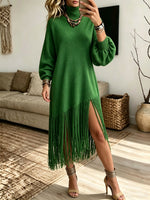 Turtleneck Lantern Sleeve Fringe Knit Midi Dress, Women Slit Loose Sweater Dress