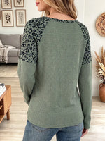 Vintage Elegant Waffle Knit Patchwork Leopard Print Shirt