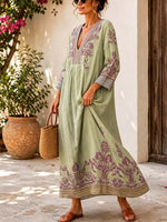 Retro Ethnic Floral Pattern Art Print Casual V-neck Cotton Linen Maxi Dress