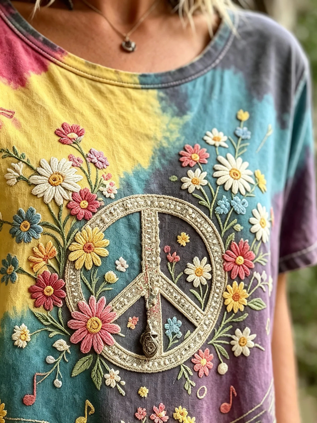 Women's Gradient Tie-Dye Musical Note Daisy Peace Floral Print Round Neck Short Sleeve T-Shirt