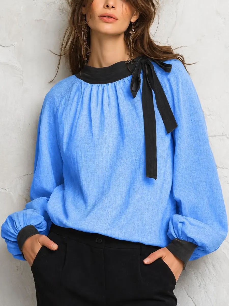 Retro Elegant Bow Color Block Art Casual Stylish Long Sleeve Cotton Linen Shirt