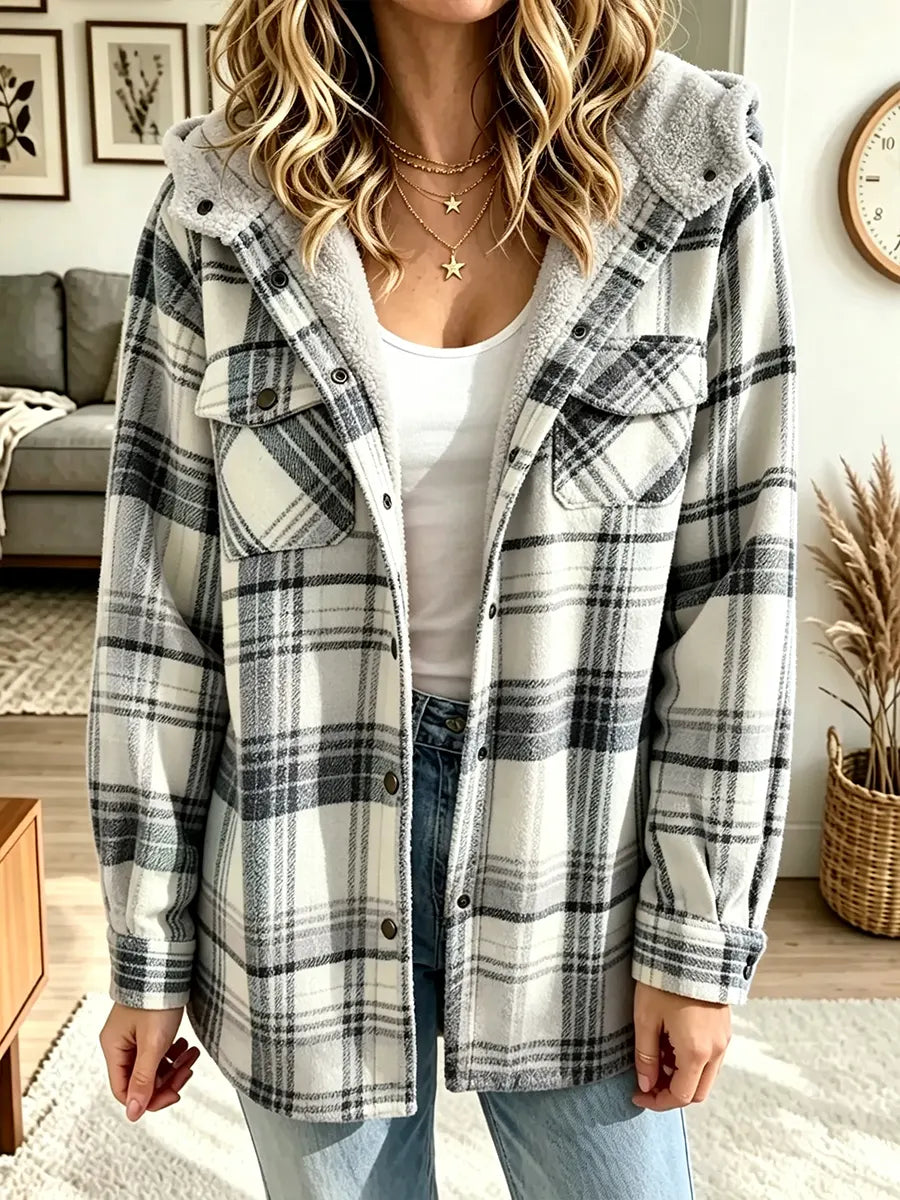 Women's Casual Loose-fit Plaid Hoodie Coat