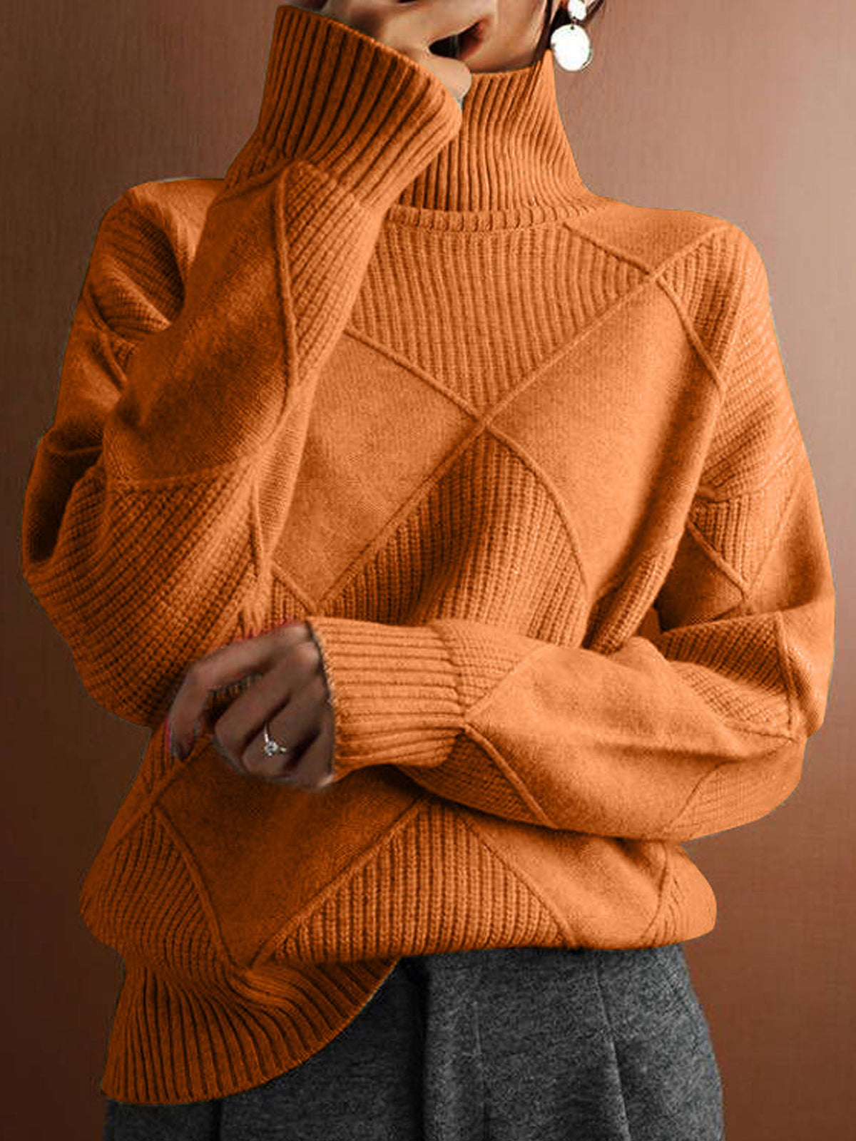 Diamond Cable Knit Turtleneck Sweater Women Loose Long Sleeve Pullover