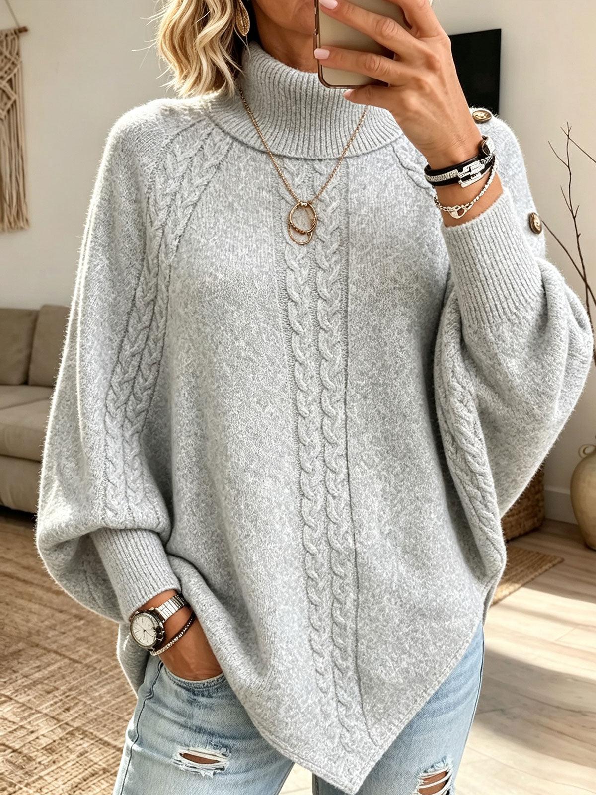 Women Raglan Sleeve Decorative Button Pullover Jumper Turtleneck Cable Knit Sweater,