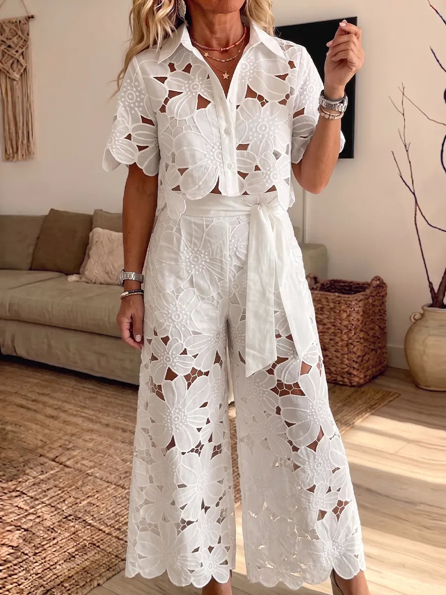 Vintage Elegant Floral Hollow-out Top And Wide-leg Pants Two-piece Set