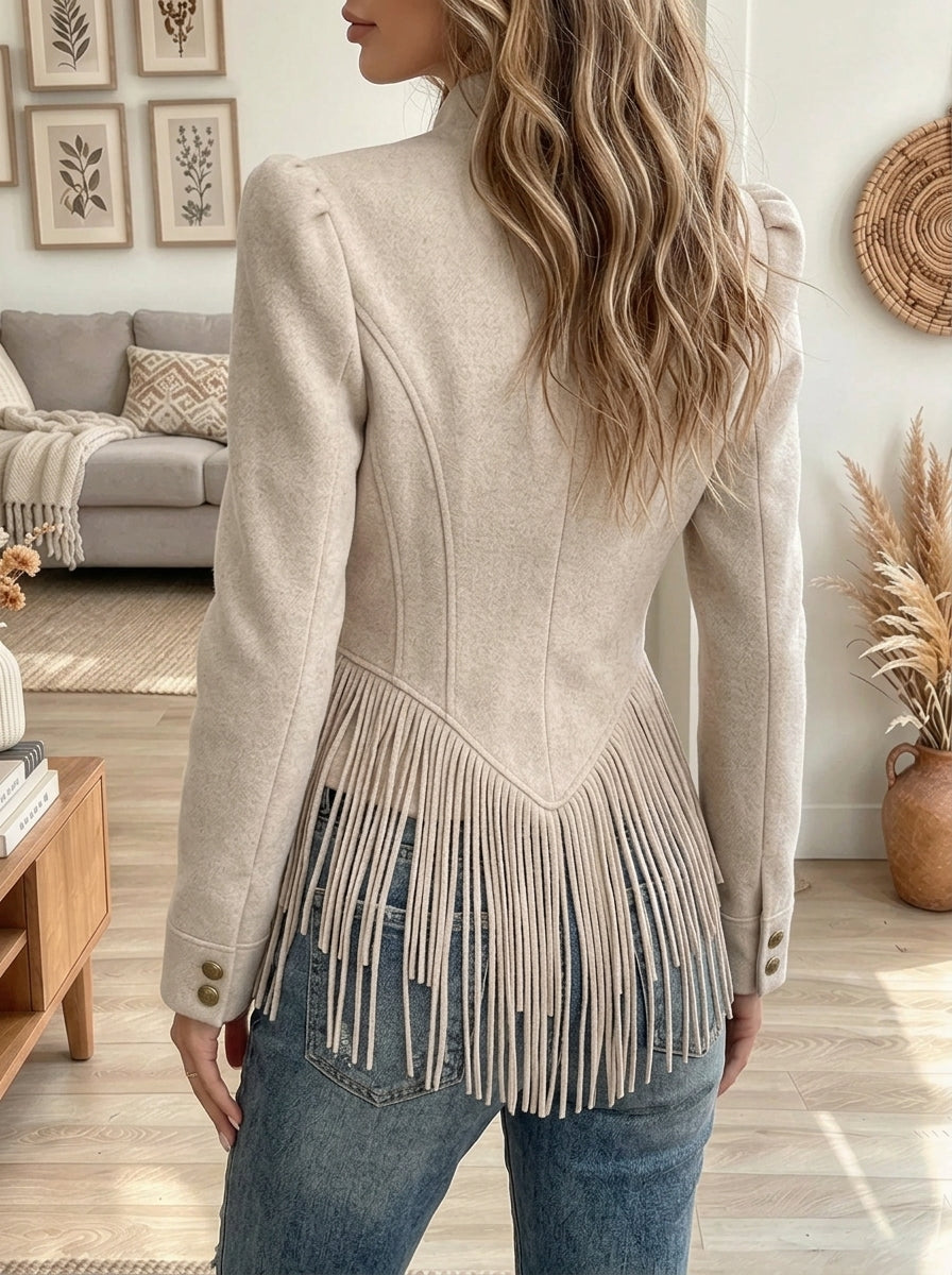 Women's Fringe Hem Double-Breasted Woolen Blazer