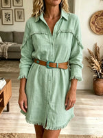 Women's Fringe Trim Linen-Blend Shirt Dress