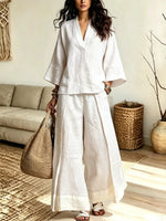 Retro 3/4 Sleeve Art Casual Stylish Top And Wide Leg Pants Two-piece Sets