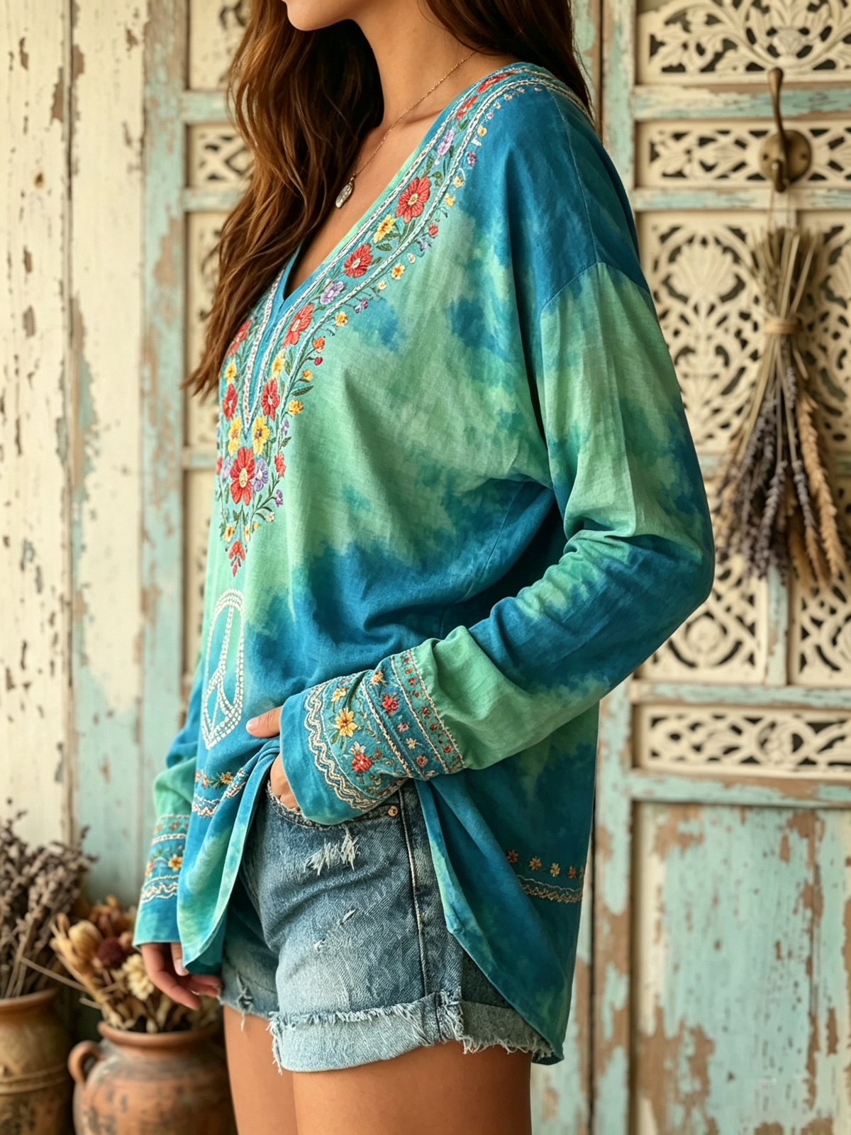 Women's Floral Peace Sign Tie-Dye Print V-Neck Top