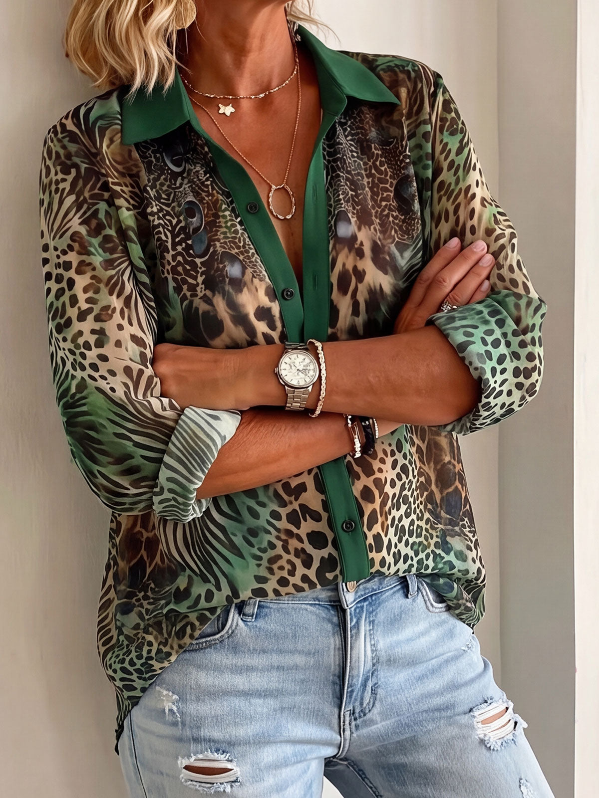 Women’s Contrast Trim Mixed Animal Print Loose Button Down Shirt