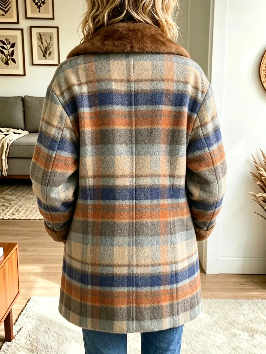 Retro Plaid Pattern Art Casual Fur Patchwork Stylish Long Sleeve Coat