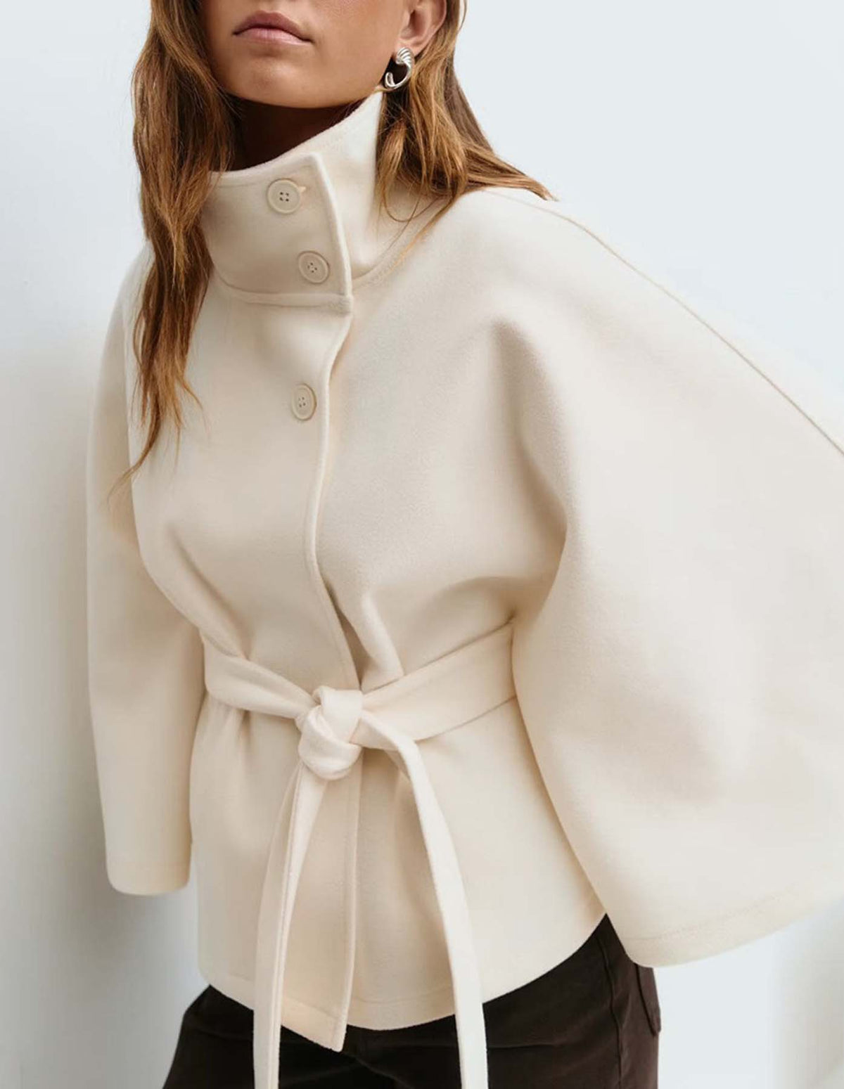 Cape Sleeve Belted Wool Blend Coat Stand Collar Button Wrap Jacket