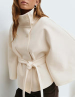 Cape Sleeve Belted Wool Blend Coat Stand Collar Button Wrap Jacket