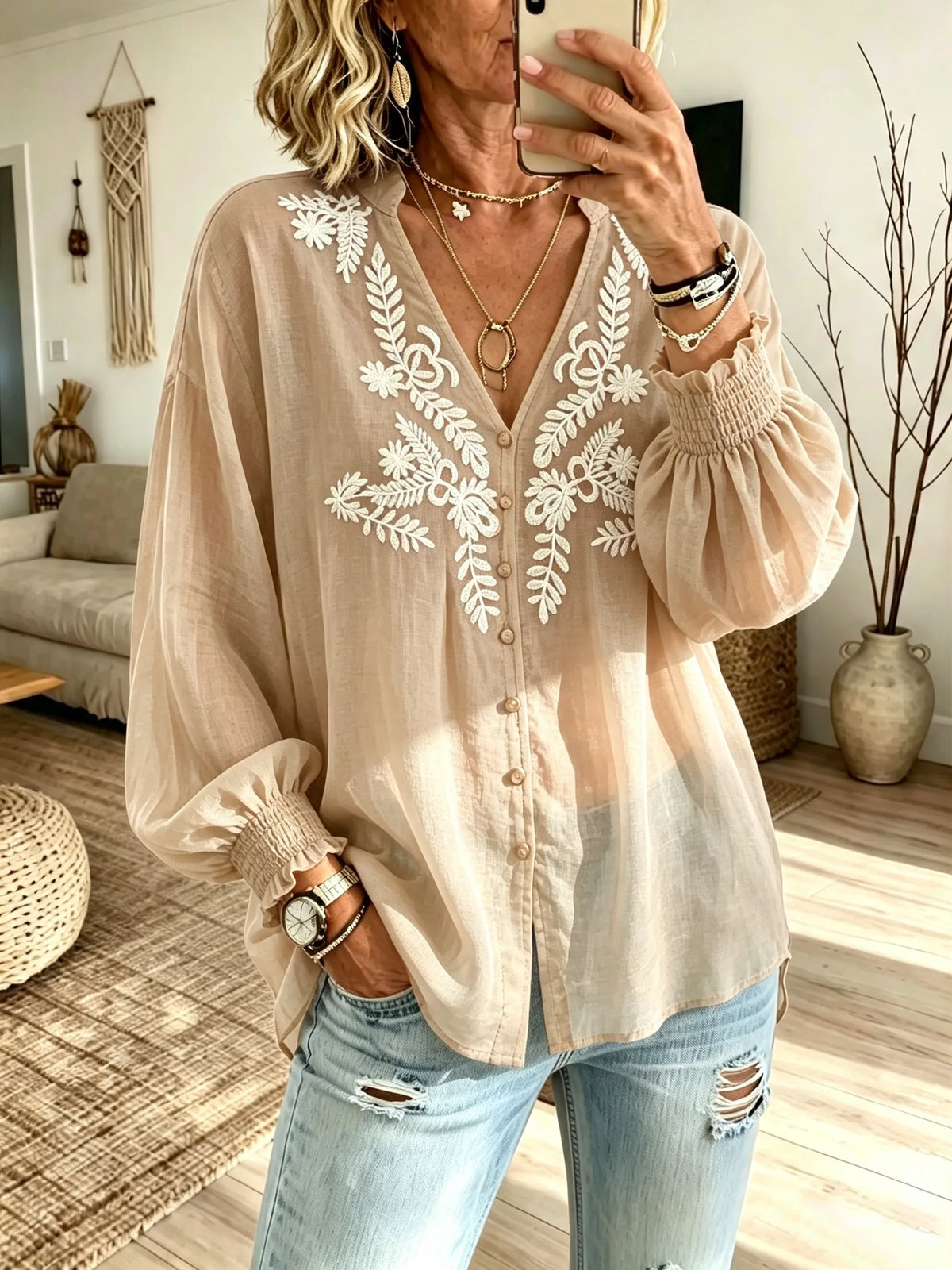 Women's White Botanical Print V-Neck Puff Sleeve Loose Blouse