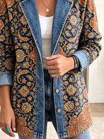 Retro Ethnic Floral Pattern Art Casual Denim Patchwork Stylish Long Sleeve Coat
