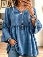 Women's Vintage Elegant Textured Crinkle Pleats Tunic Blouse