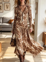 Vintage Chic Leopard Fringe Art Casual Stylish Long Sleeve Dress