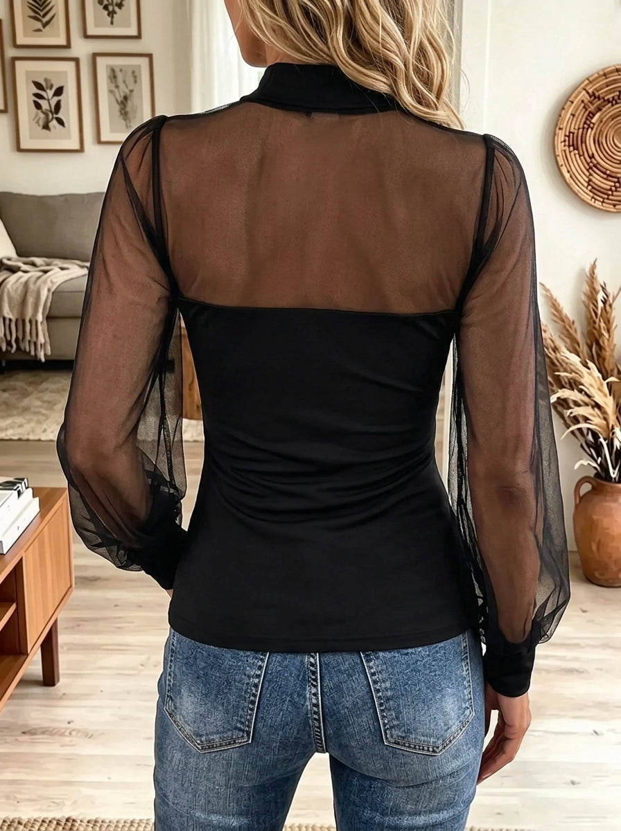 Women's Floral Sheer Mesh Mock Neck Top