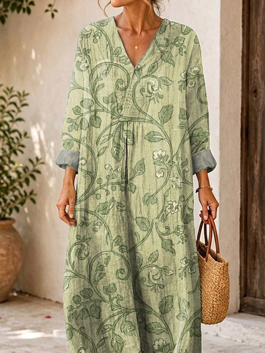 Retro Floral Pattern Art Print Casual V-neck Long Sleeve Cotton Linen Maxi Dress