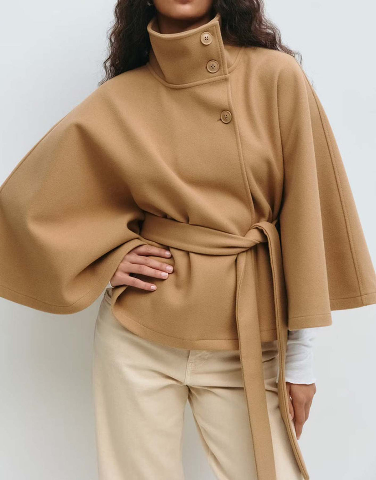 Cape Sleeve Belted Wool Blend Coat Stand Collar Button Wrap Jacket