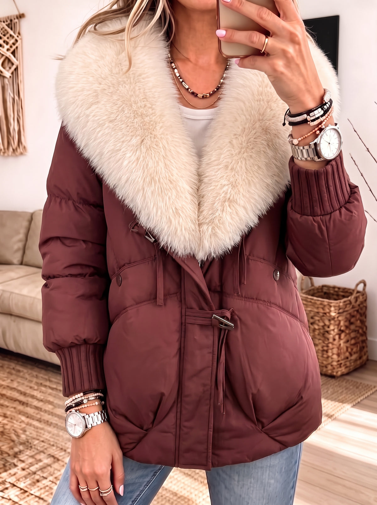 Faux Fur Collar Toggle Drawstring Puffer Jacket Women Winter Warm Coat