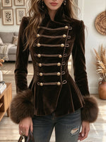 Women's Brown Velvet Military Peplum Jacket with Braided Cords and Faux Fur Cuffs