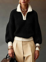 Retro Zip Color Block Art Casual Stylish Long Sleeve Knitted Sweater