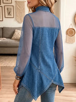 Vintage Elegant Denim Patchwork Sheer Mesh Shirt